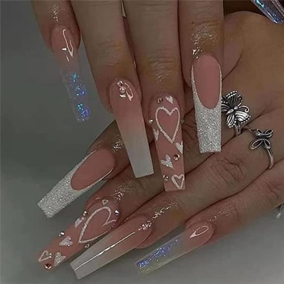 diduikalor Valentines Press on Nails Long Length Fake Nails Coffin Gradient